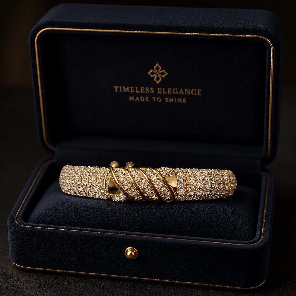 Hollywood Glam Pave Diamond Rhinestone Grooved Gold Plated Clamper Bracelet